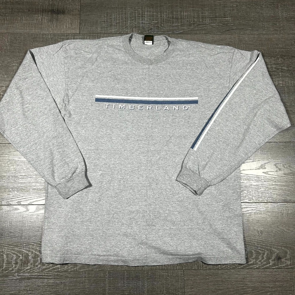 VTG 90s Timberland T-Shirt Men's XL Gray Spell Out Graphic Logo Ribbed Cuff USA